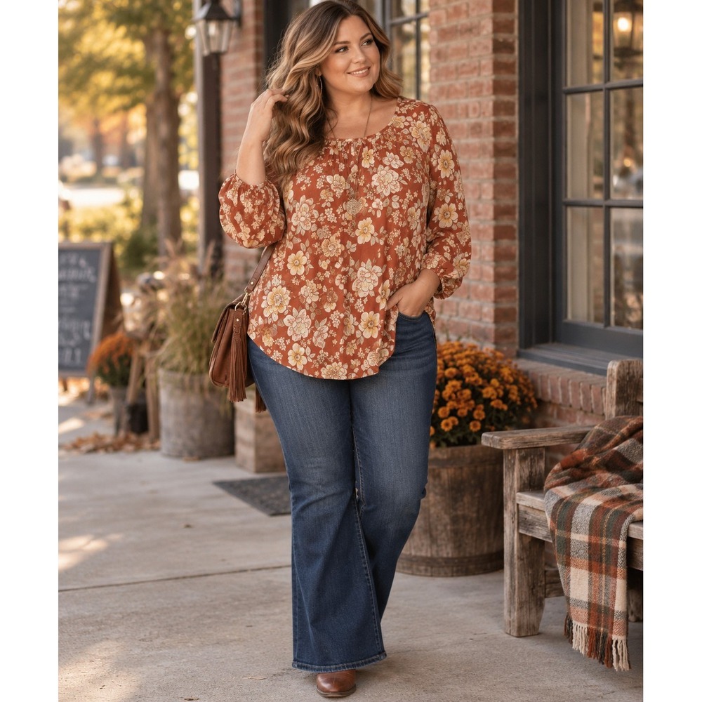 Torrid 00 Floral Blouse Rust Orange Boho Peasant Top Long Sleeve Plus Size